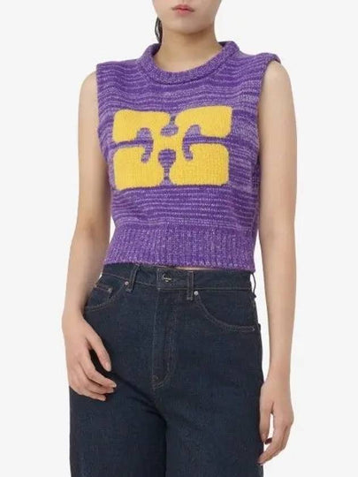 Logo Graphic Cropped Wool Vest Purple - GANNI - BALAAN 2