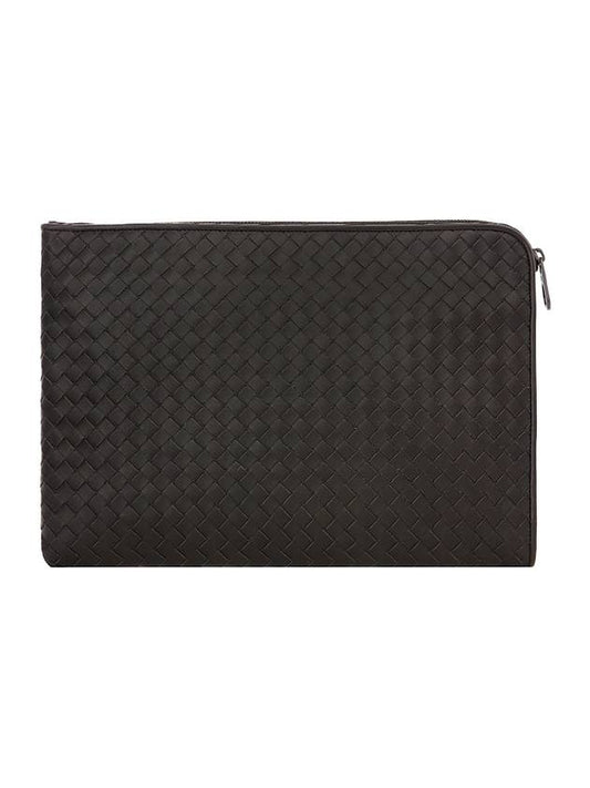 Intreciato Weaving Zipper Clutch Bag Black Brown - BOTTEGA VENETA - BALAAN 1