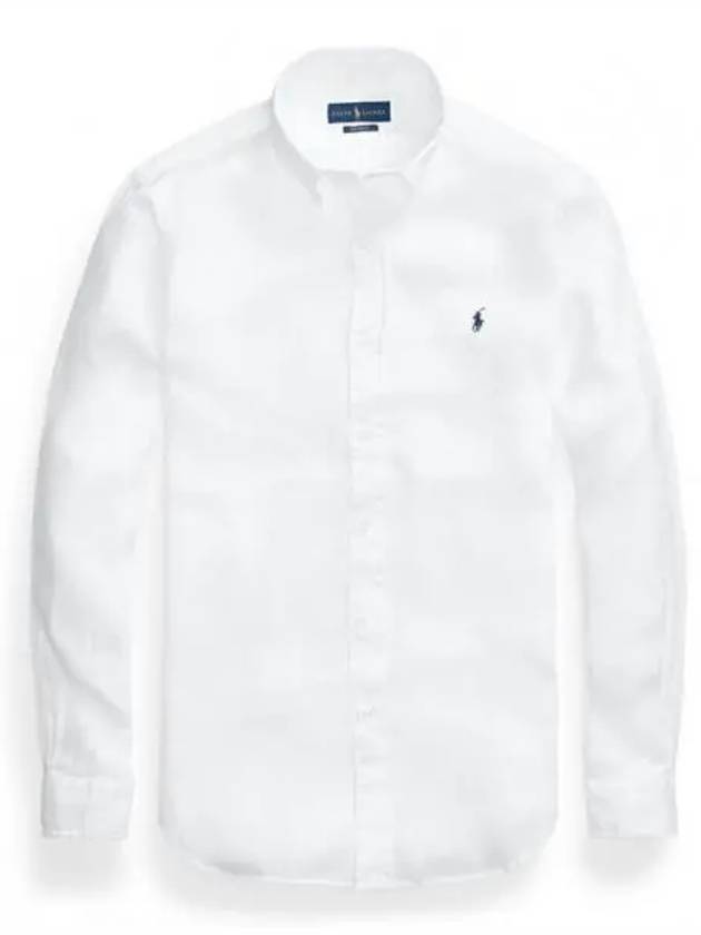Embroidered Logo Linen Long Sleeve Shirt White - POLO RALPH LAUREN - BALAAN.