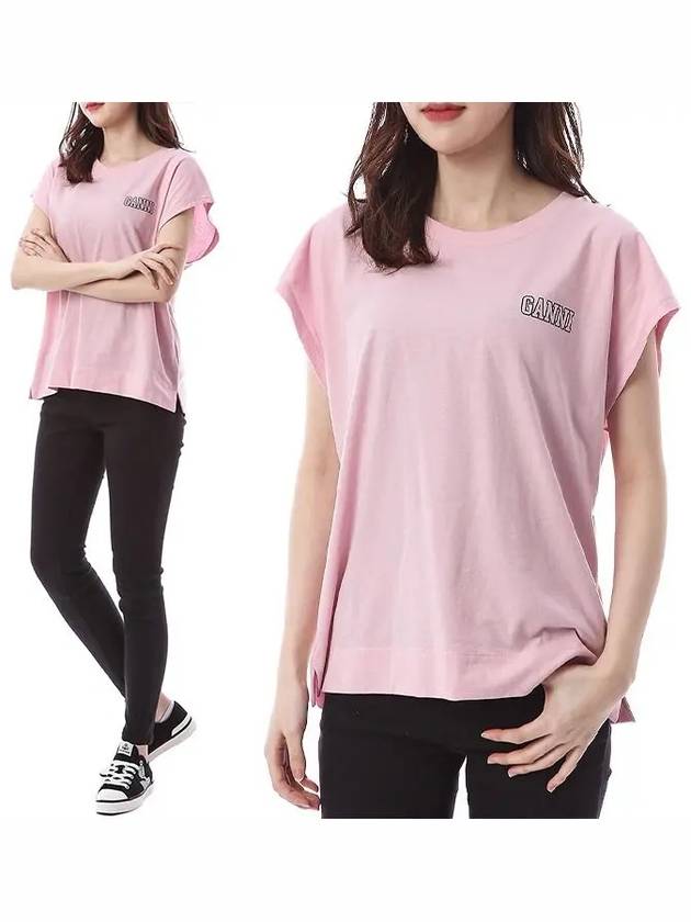 logo printing cap shoulder short sleeve t-shirt pink - GANNI - BALAAN.
