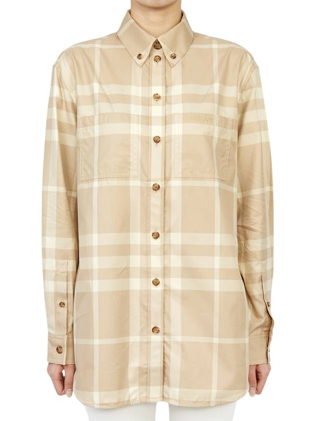 Women's Button Down Collar Check Cotton Long Sleeve Shirt Beige - BURBERRY - BALAAN 4