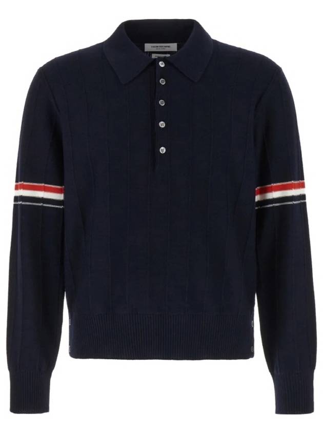 Striped Virgin Wool Long Sleeve Polo Shirt Navy - THOM BROWNE - BALAAN 2