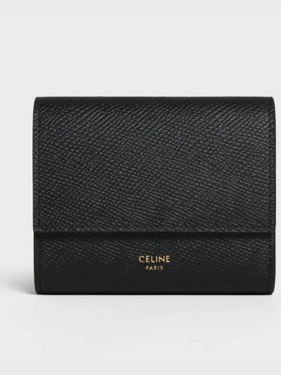 Trifold Grained Calfskin Small Half Wallet Black - CELINE - BALAAN 2