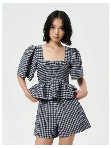 Seersucker Check Open Neck Smock Blouse Shirt Egret Domestic Product GM0024052059237 - GANNI - BALAAN 1