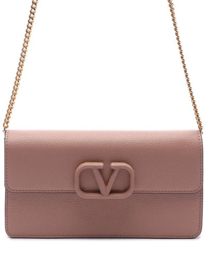 V Logo Signature Chain Grained Calfskin Long Wallet Pink - VALENTINO - BALAAN 2