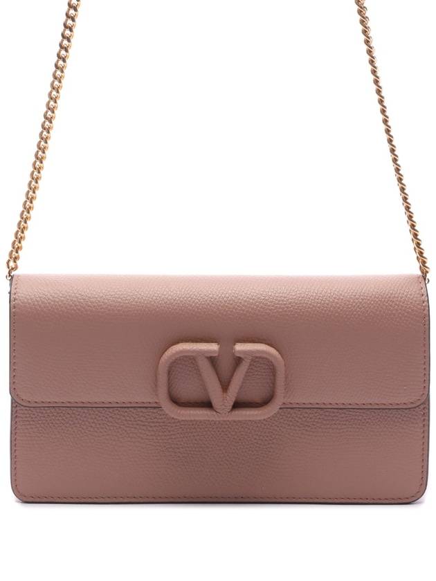 V Logo Signature Chain Grained Calfskin Long Wallet Pink - VALENTINO - BALAAN 3