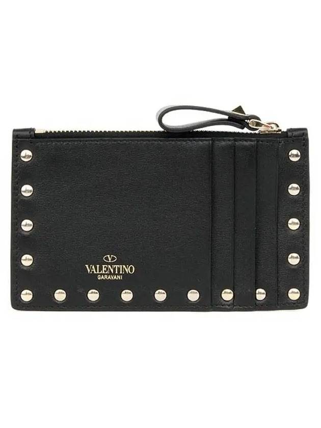 Rockstud Zipper Card Wallet Black - VALENTINO - BALAAN 1