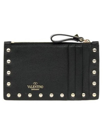 Rockstud Zipper Card Wallet Black - VALENTINO - BALAAN 1