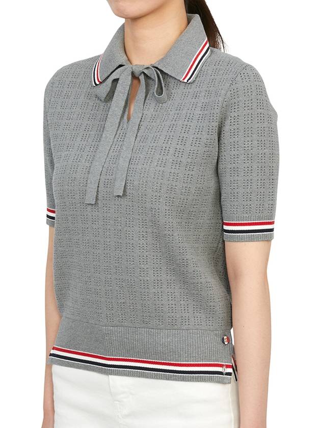 Grid Stitch Pointel Stripe Keyhole Short Sleeve Polo Shirt Grey - THOM BROWNE - BALAAN 5