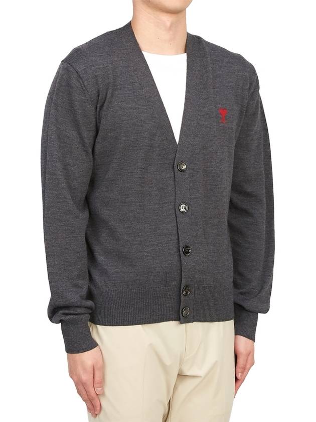 Red Heart Logo Merino Wool Cardigan Heather Grey - AMI - BALAAN 4