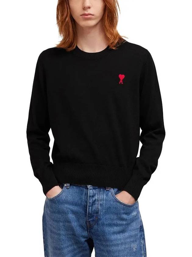 Heart Embroidered Logo Crew Neck Knit Top Black - AMI - BALAAN 5