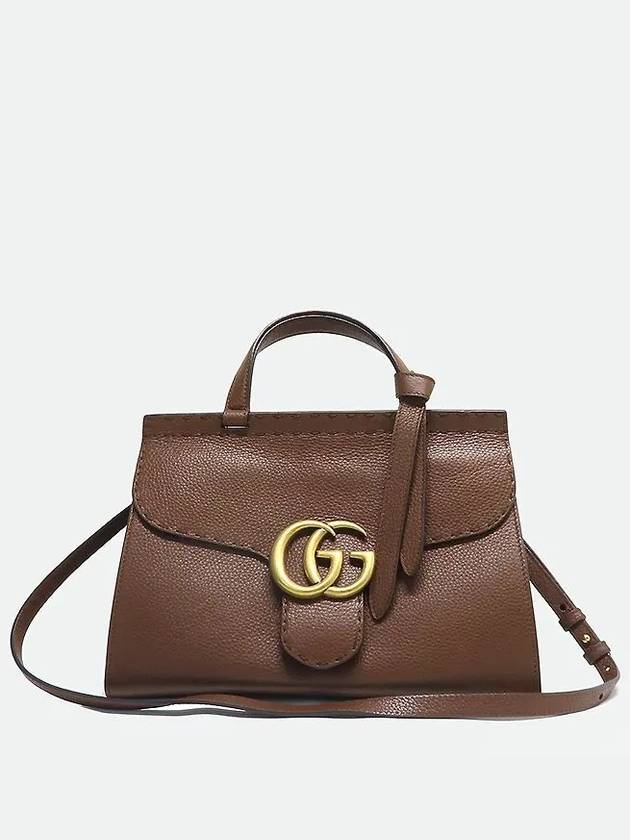 421890 Brown leather GG Marmont top handle gold logo tote bag shoulder strap 2WAY - GUCCI - BALAAN 1