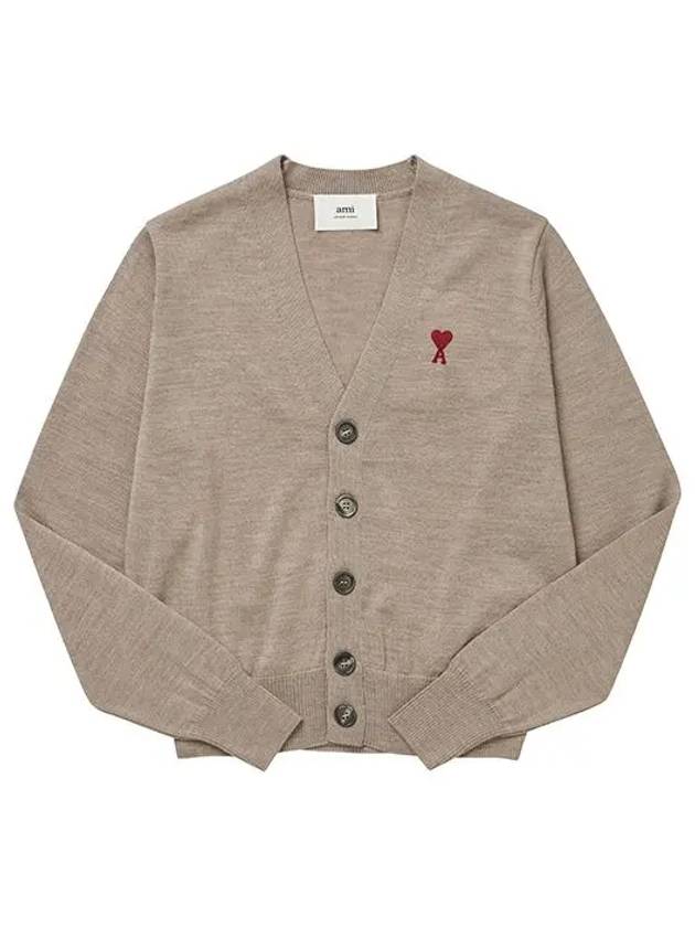 Red Heart Logo Merino Wool Cardigan Beige - AMI - BALAAN 3