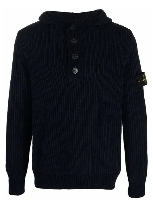 Men's Wappen Patch Half Zip Button Hooded Knit Top Navy - STONE ISLAND - BALAAN 2