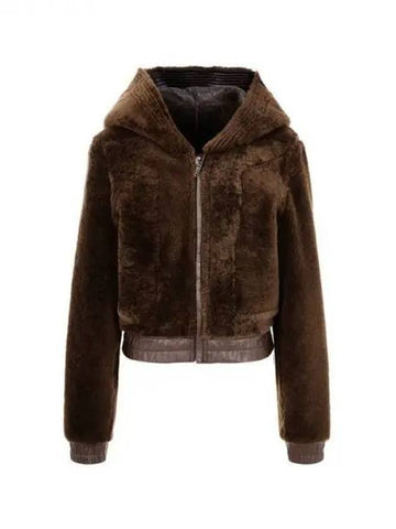 WOMEN Hooded Shearling Leather Jacket Brown 271554 - RICK OWENS - BALAAN 1