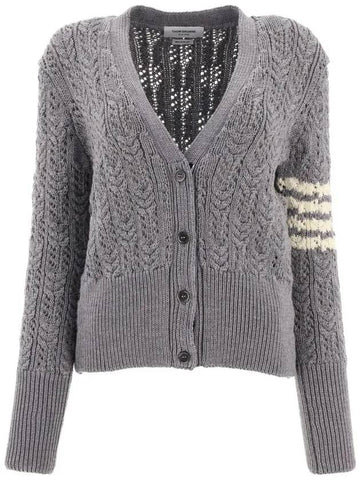 Women's Irish Cable Merino 4 Bar Wool Cardigan Light Gray - THOM BROWNE - BALAAN.