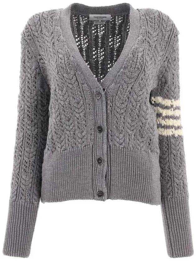 Women's Irish Pointelle Cable 4 Bar V Neck Cardigan Light Grey - THOM BROWNE - BALAAN 1