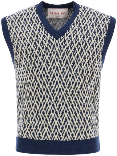 men's navy virgin wool vest with pattern - VALENTINO - BALAAN 1