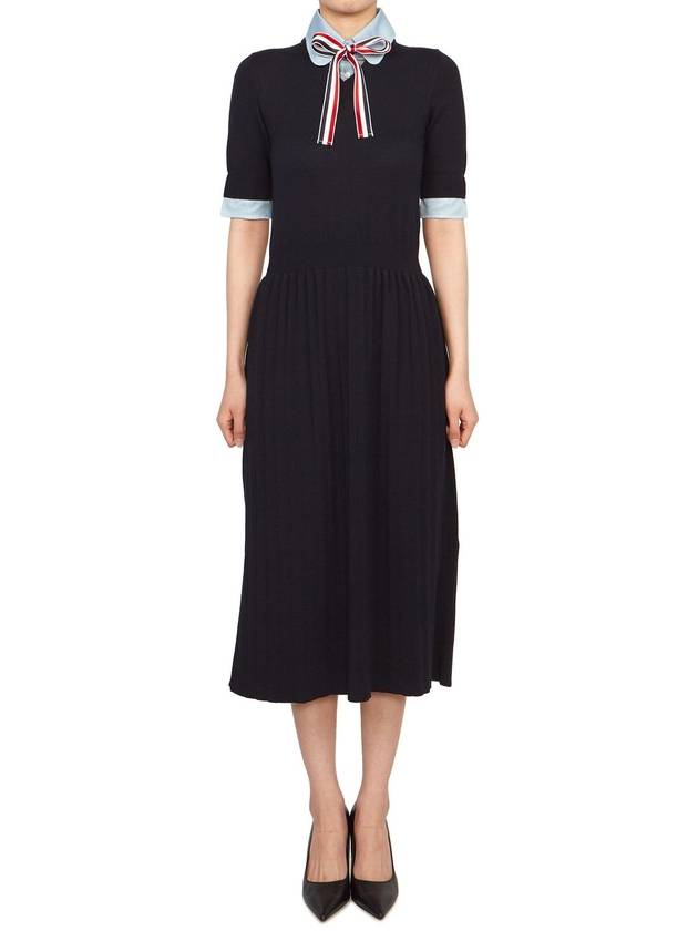 Ribbon Tie Layered Knit Midi Dress Navy - THOM BROWNE - BALAAN 2