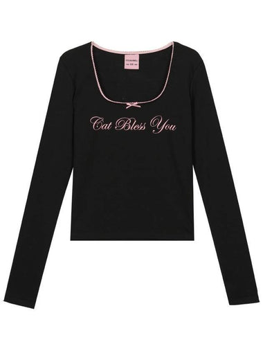 Cat Bless Ribbon Long Sleeve T-Shirt Black - ITZAVIBE - BALAAN 1