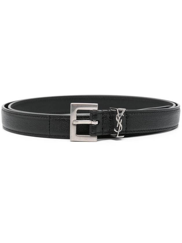 Men's Monogram Silver Buckle Leather Belt Black - SAINT LAURENT - BALAAN 2