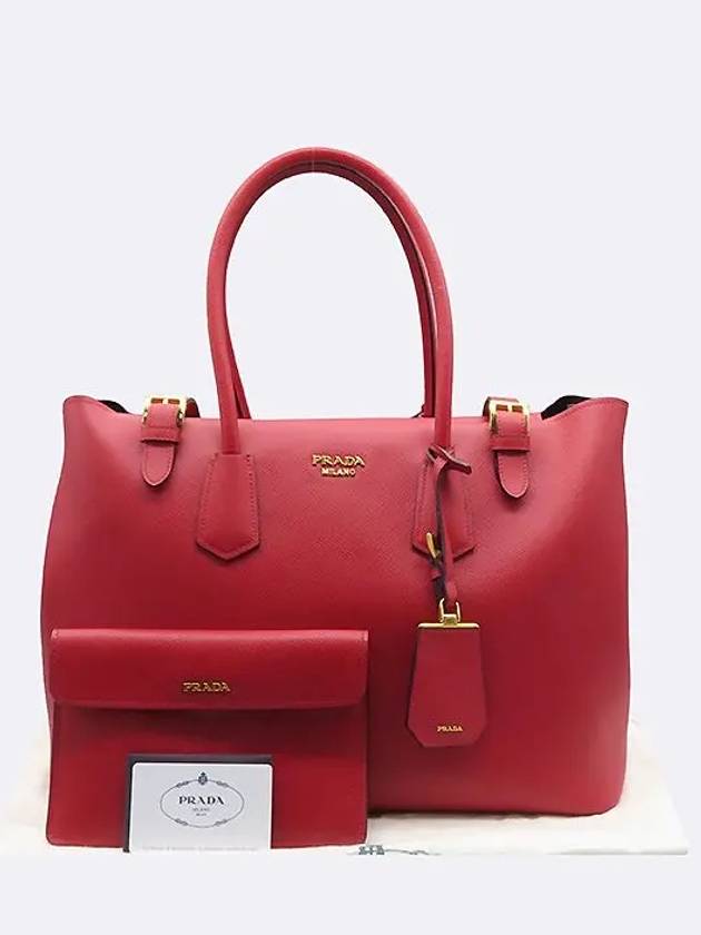 BR5071 Red Saffiano Cure Double Gold Logo Decorated Tote Bag - PRADA - BALAAN 1