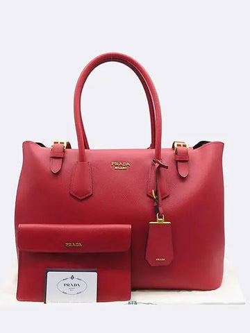 BR5071 Red Saffiano Cure Double Gold Logo Decorated Tote Bag - PRADA - BALAAN 1