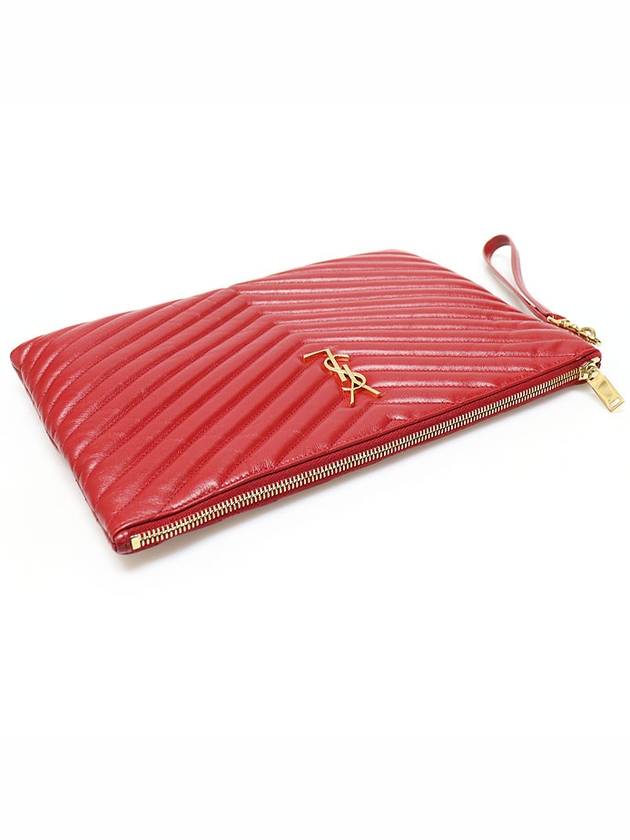 559193 Red Matelasse Quilted Calfskin Gold Monogram Tablet New Medium Pouch Clutch - SAINT LAURENT - BALAAN 3