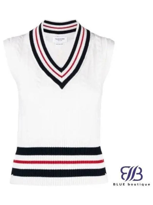 RWB Cable V Neck Cashmere Vest White - THOM BROWNE - BALAAN 2