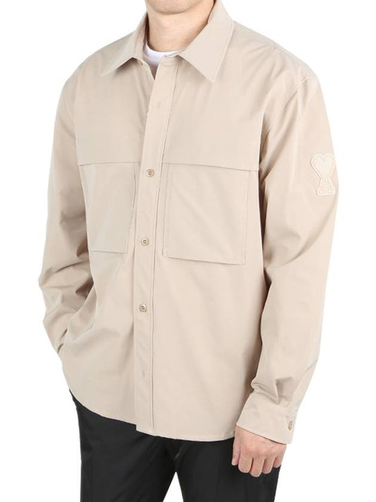 Technical Heart Logo Patch Pocket Long Sleeve Shirt Beige - AMI - BALAAN.