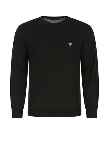 Men's Logo Embroidered Crew Neck Wool Knit Sweater Black - PRADA - BALAAN 1