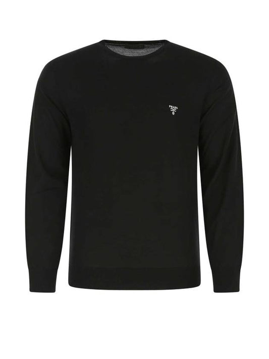 Men's Logo Embroidered Crew Neck Wool Knit Black - PRADA - BALAAN 1