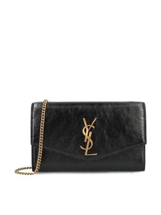 Uptown Shiny Grained Leather Chain Wallet Black - SAINT LAURENT - BALAAN 1