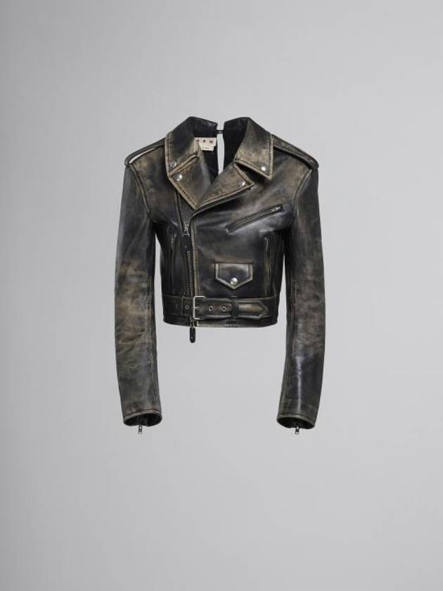 Women's Two-Tone Leather Crop Biker Jacket Black - MARNI - BALAAN 2