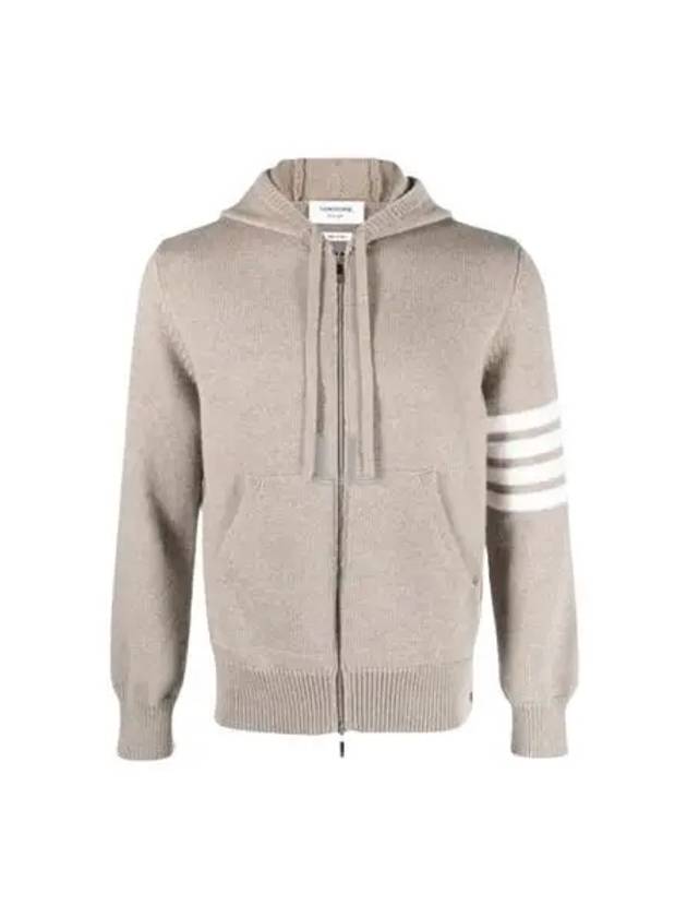 Men's Intarsia 4 Bar Merino Jersey Hooded Zip Up Medium Brown - THOM BROWNE - BALAAN 2