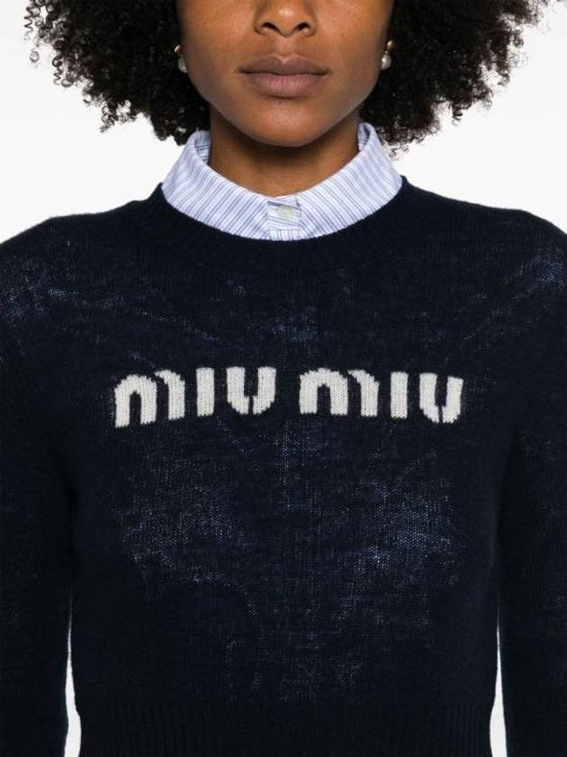 Print Logo Crop Wool Cashmere Knit Top Navy - MIU MIU - BALAAN 3