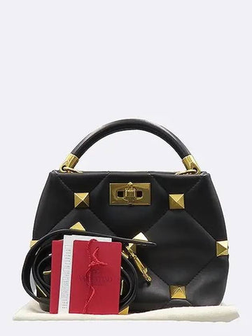 XW2B0I97BSF Black Leather Roman Gold Studded Top Handle S Size Tote Bag Shoulder Strap - VALENTINO - BALAAN 1