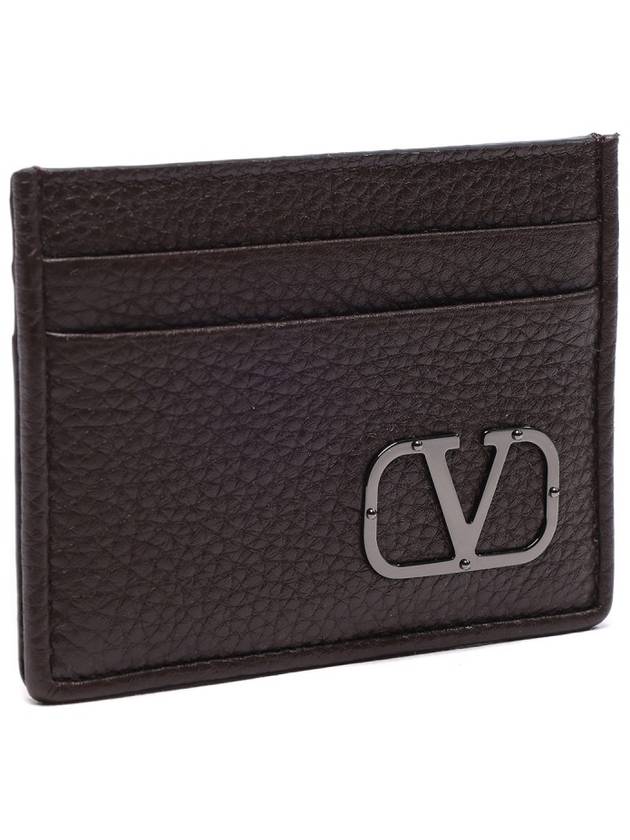 Signature V Logo Leather Card Wallet Brown - VALENTINO - BALAAN 4