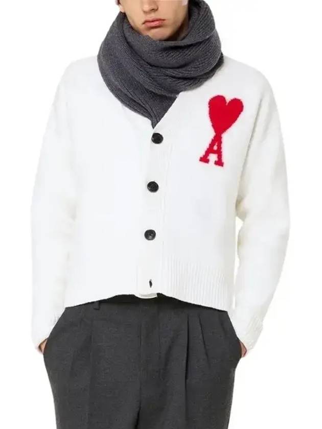 Intarsia Big Heart Logo Oversized Virgin Wool Cardigan White - AMI - BALAAN 3