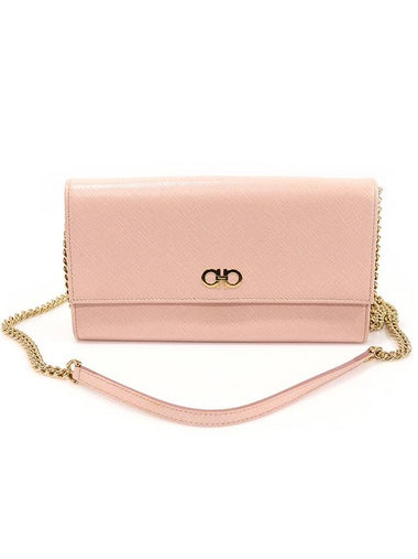 22 C506 Pink Saffiano Leather Gold Plated Double Gancini Flap WOC Chain Cross Bag - SALVATORE FERRAGAMO - BALAAN 1