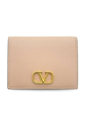 Compact V Logo Signature Calfskin Half Wallet Beige - VALENTINO - BALAAN 1