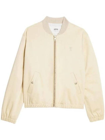 Embroidered Heart Logo Cotton Satin Bomber Jacket Beige - AMI - BALAAN 1