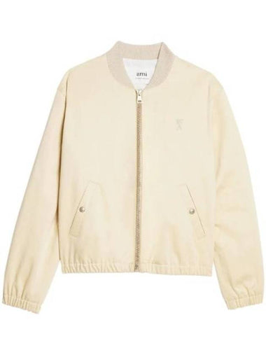 Embroidered Heart Logo Cotton Satin Bomber Jacket Beige - AMI - BALAAN 1