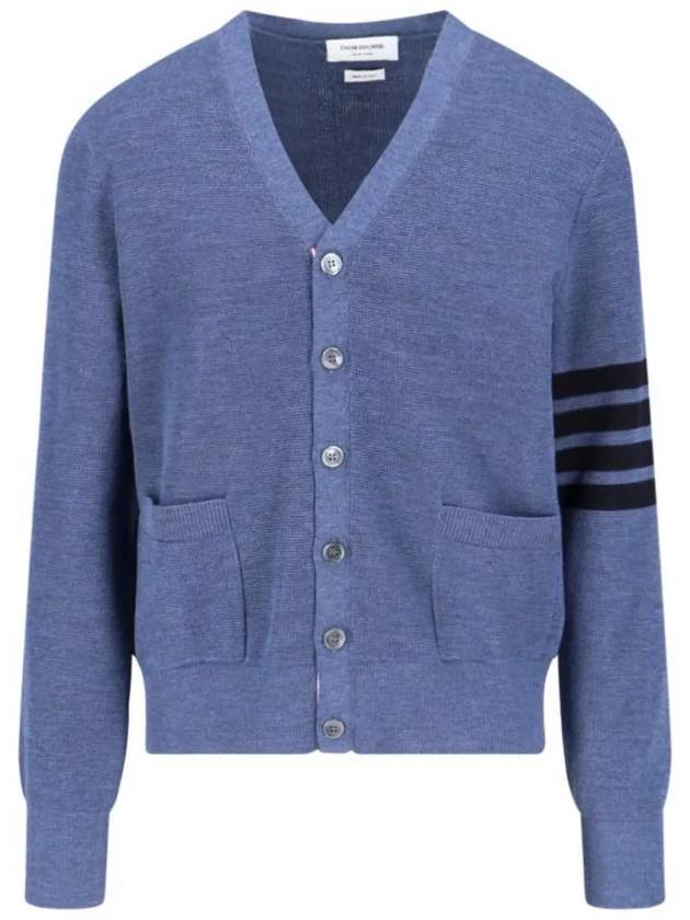 4-Bar Striped Waffle High V-Neck Cardigan Dark Blue - THOM BROWNE - BALAAN 1