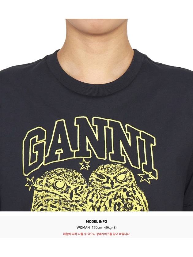 Owls Print Cotton Short Sleeve T-Shirt Black - GANNI - BALAAN 6