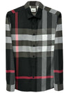 Men's Checked Stretch Cotton Poplin Long Sleeve Shirt Charcoal - BURBERRY - BALAAN 2