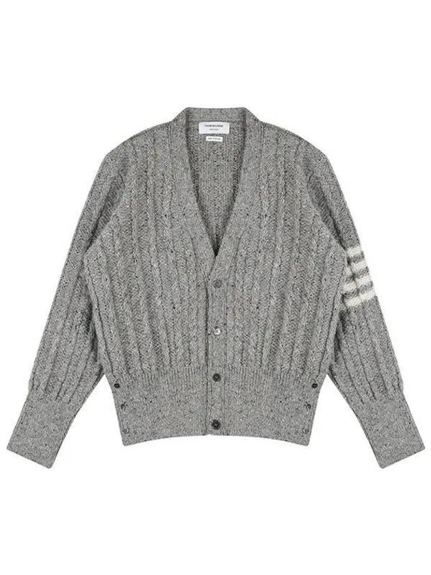 Donegal Twist Cable 4 Bar Classic V Neck Cardigan Light Grey - THOM BROWNE - BALAAN 2