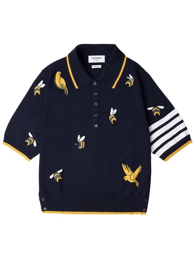 Men's Bird Bee Half Drop 4 Bar Merino Cotton Short Sleeve Polo Shirt Navy - THOM BROWNE - BALAAN 2