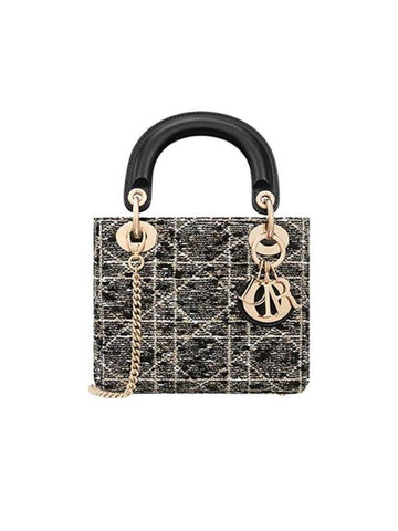 Lady Cannage Tweed Metallic Thread Small Tote Bag Black - DIOR - BALAAN 1