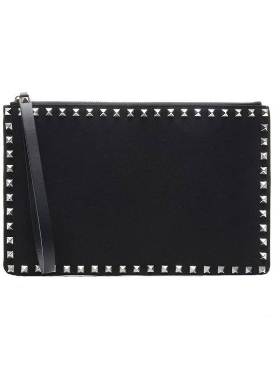 Rockstud Logo Strap Clutch Bag Black - VALENTINO - BALAAN.